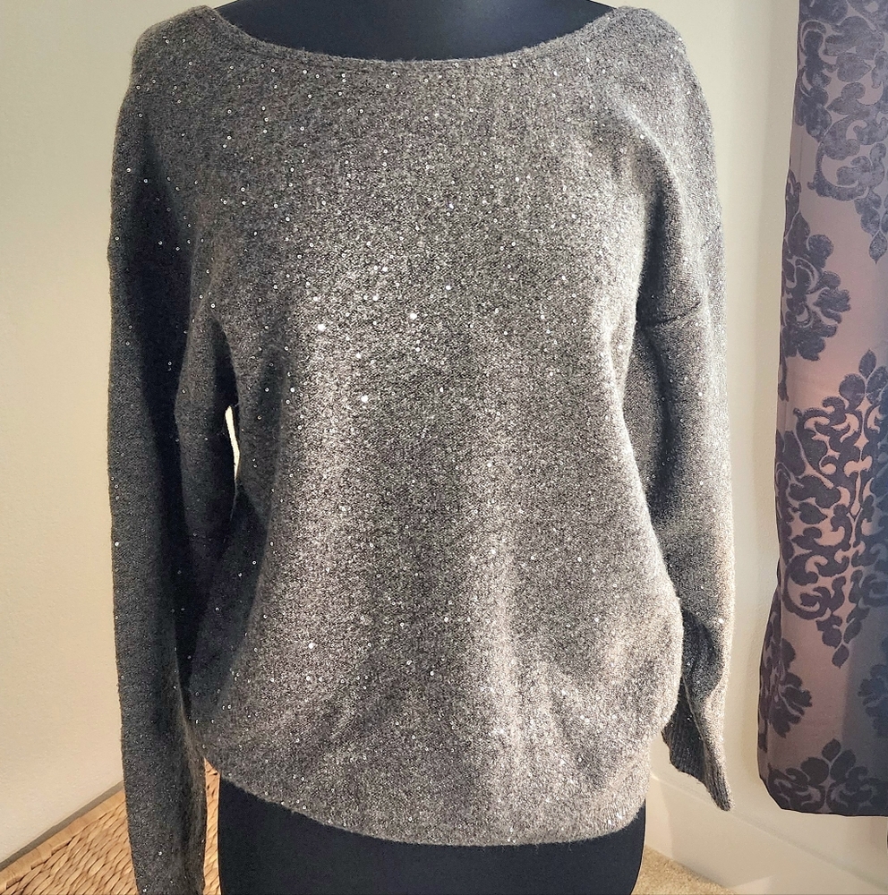 Zara Sweet Boat Neck Lower Back Subtle Sparkling Sequin Gray Sweater